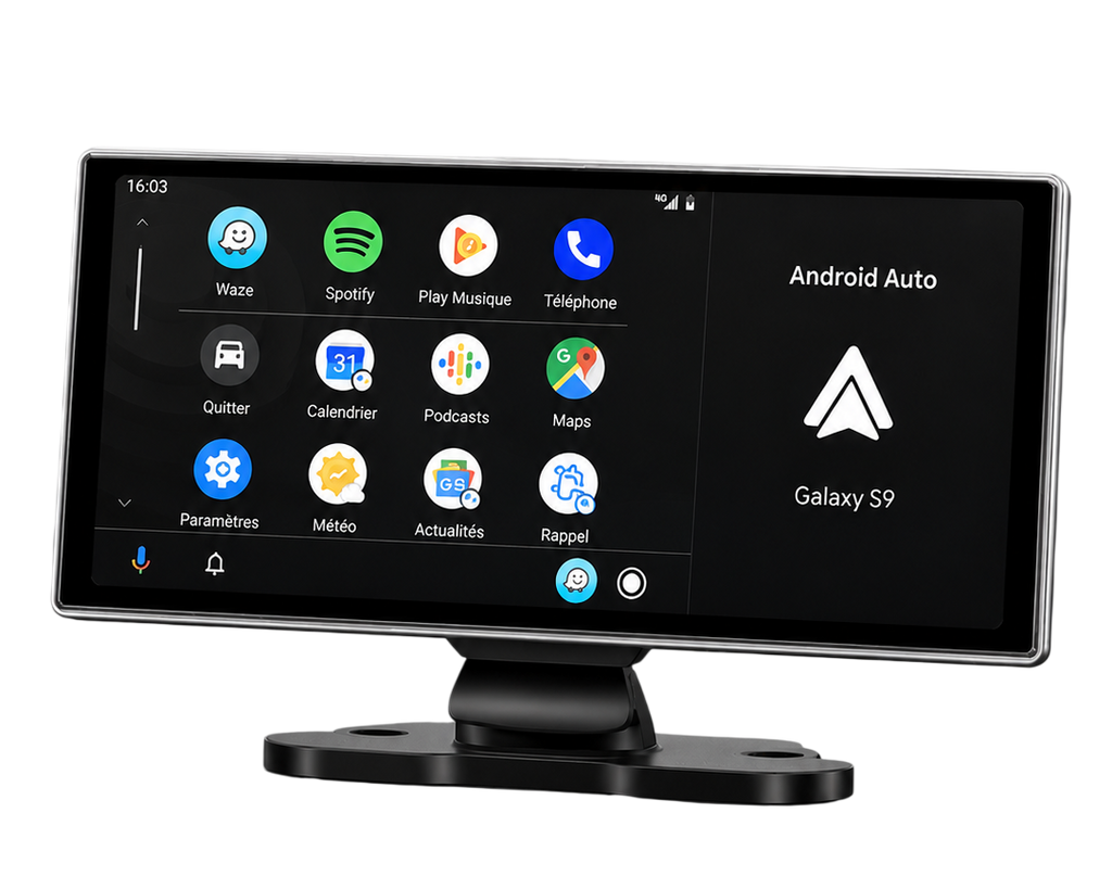 écran multimédia CarPlay et Android Auto avec support de fixation et caméra intégrée.