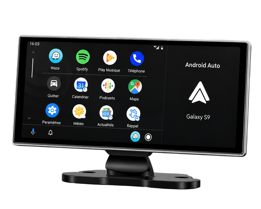 écran multimédia CarPlay et Android Auto avec support de fixation et caméra intégrée.