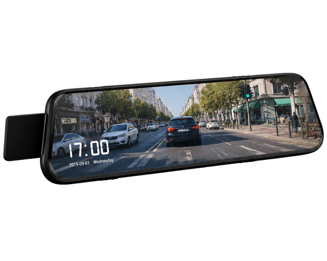 Rétroviseur caméra pour voiture avec écran tactile Full HD affichant la circulation en ville.