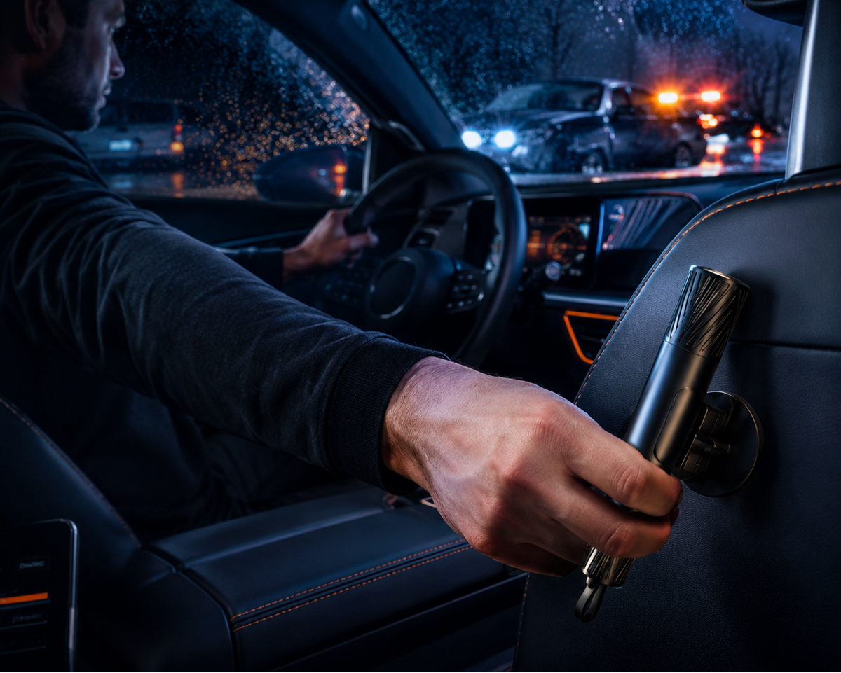 Marteau brise-vitre voiture 2-en-1 avec coupe-ceinture intégré et support de fixation pour les situations d'urgence automobile.
