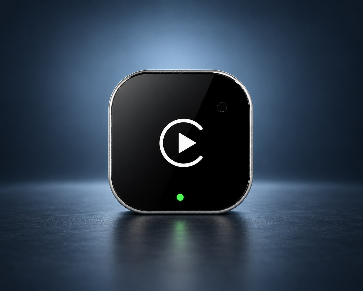 Adaptateur CarPlay Android Auto sans fil Plug & Play noir présenté sur fond studio bleu nuit.