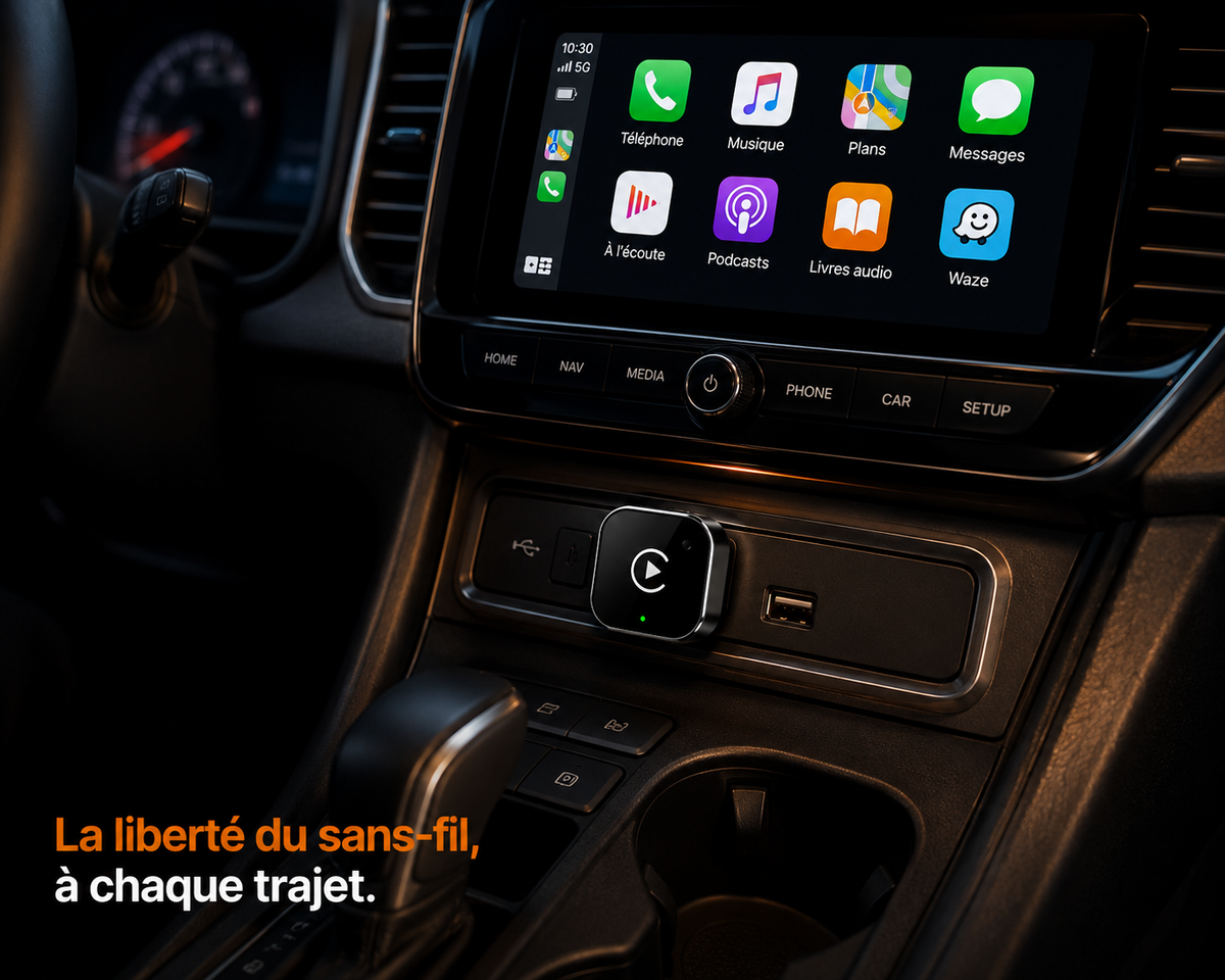 Adaptateur CarPlay et Android Auto sans fil installé dans une voiture avec écran multimédia affichant les applications de navigation et musique.