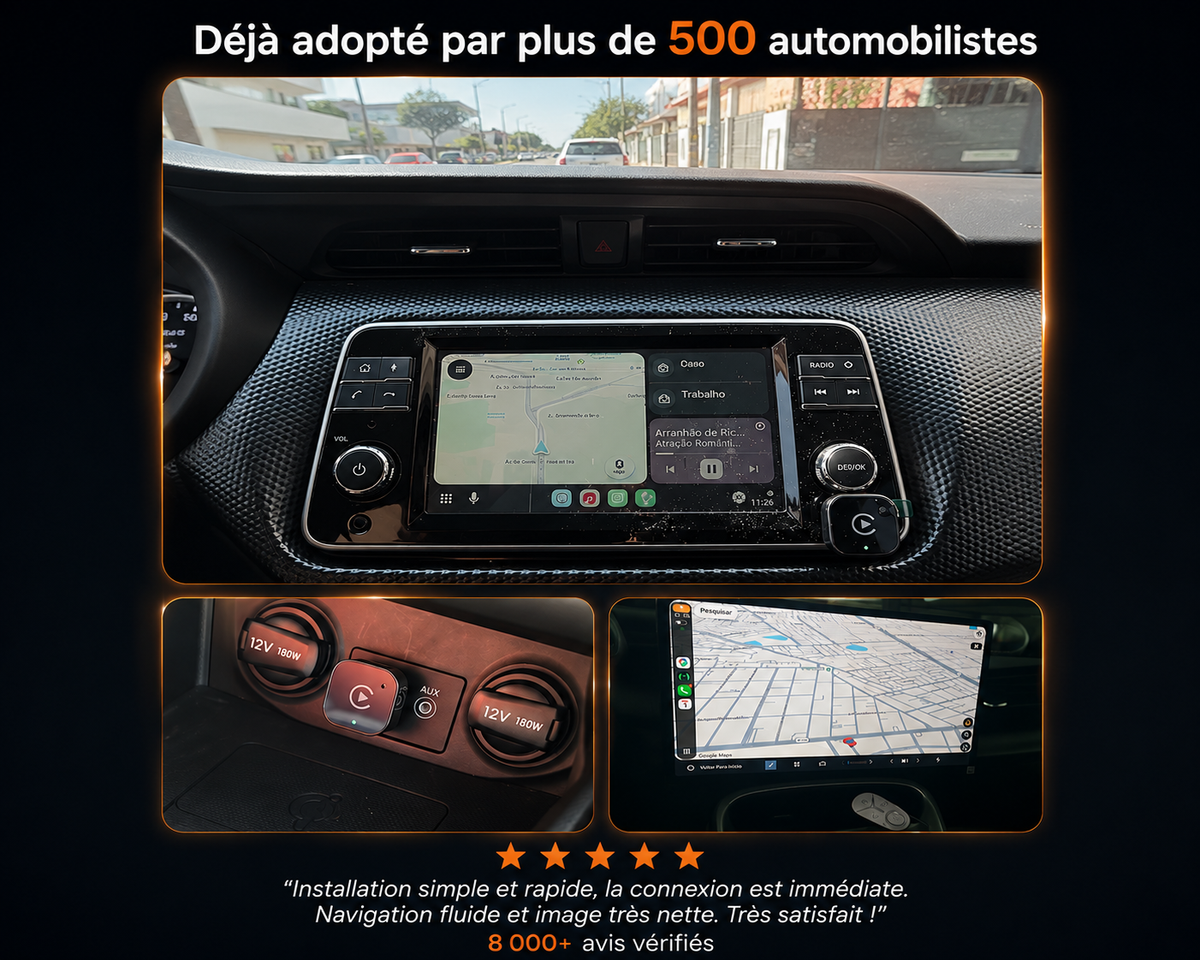 Adaptateur CarPlay et Android Auto sans fil installé dans une voiture avec écran multimédia affichant les applications de navigation et musique.