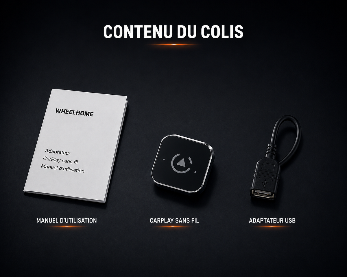 Adaptateur CarPlay et Android Auto sans fil installé dans une voiture avec écran multimédia affichant les applications de navigation et musique.