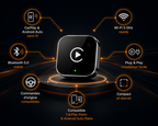 Adaptateur CarPlay et Android Auto sans fil installé dans une voiture avec écran multimédia affichant les applications de navigation et musique.