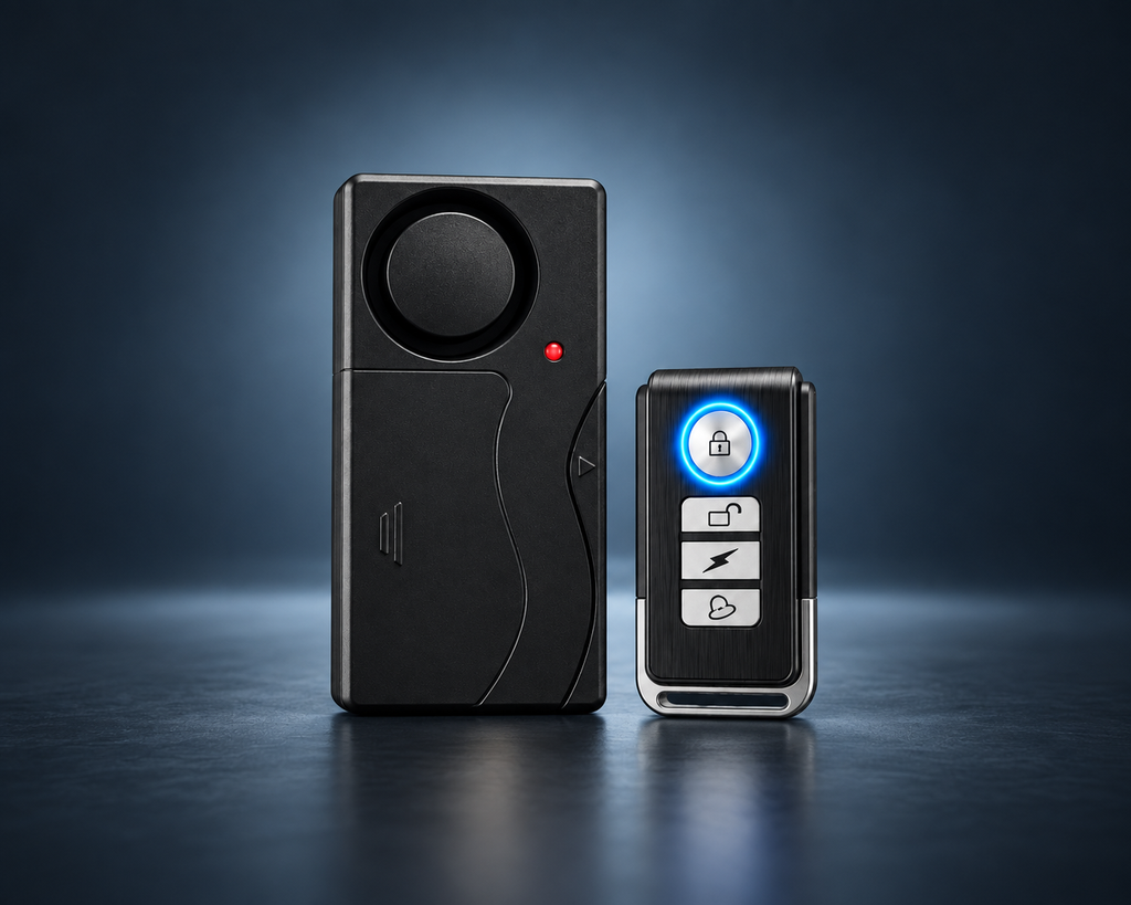Alarme antivol sans fil 110 dB avec télécommande présentée sur fond studio bleu nuit premium.