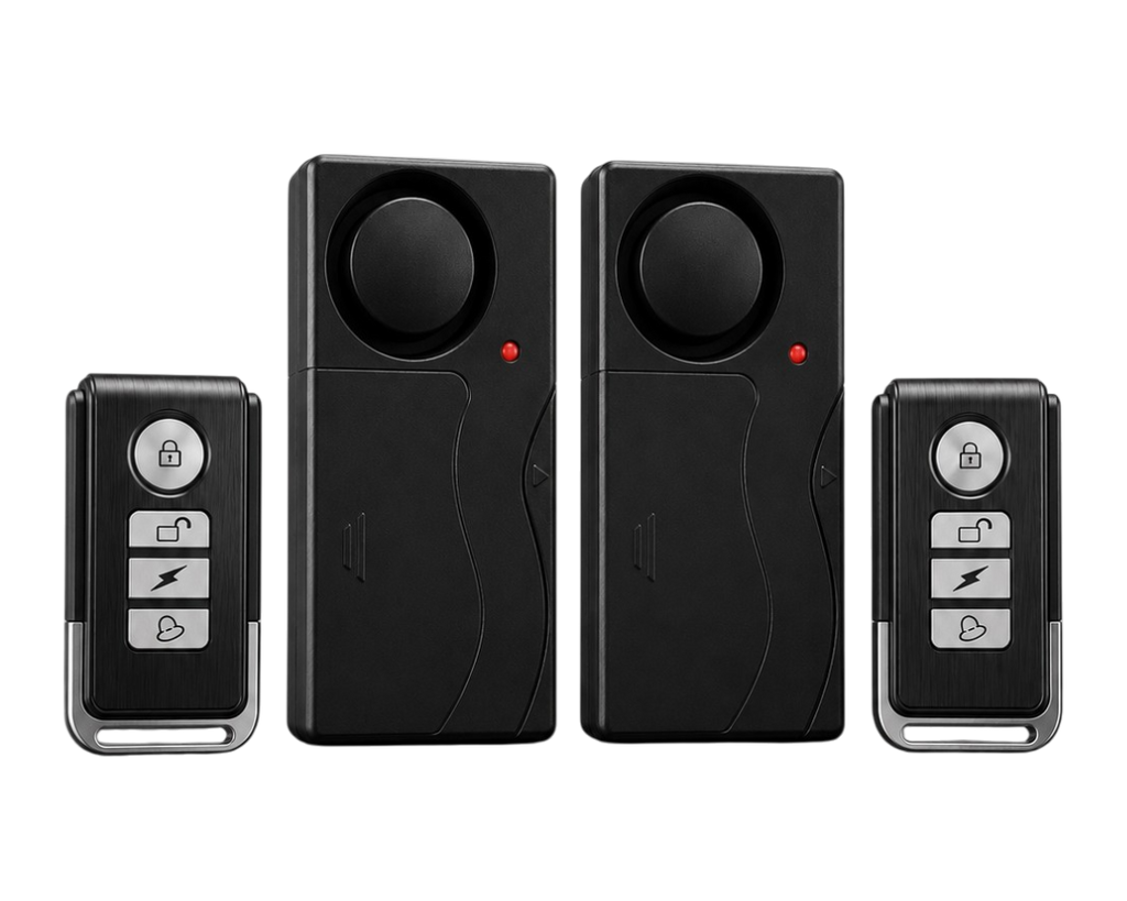 Alarme antivol vibration 110 dB avec télécommande installée pour protéger un vélo, une moto ou une porte contre le vol.