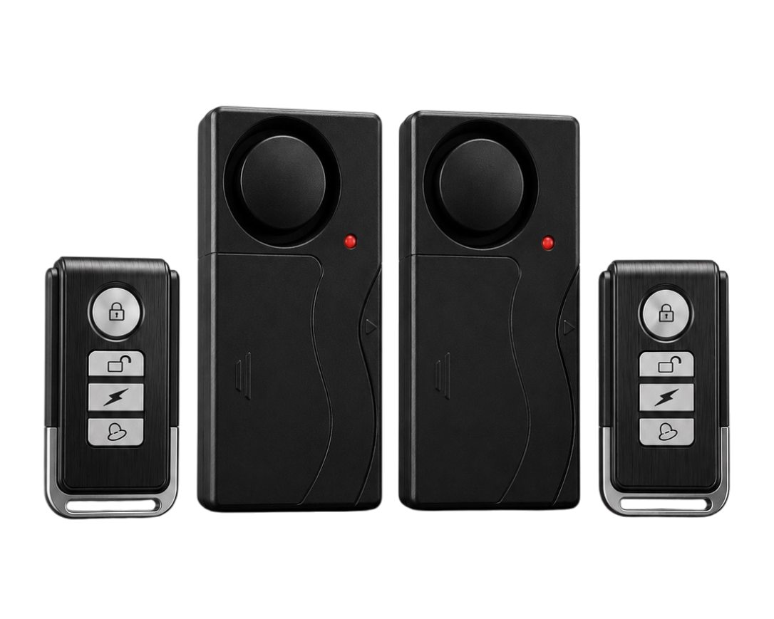 Alarme antivol vibration 110 dB avec télécommande installée pour protéger un vélo, une moto ou une porte contre le vol.