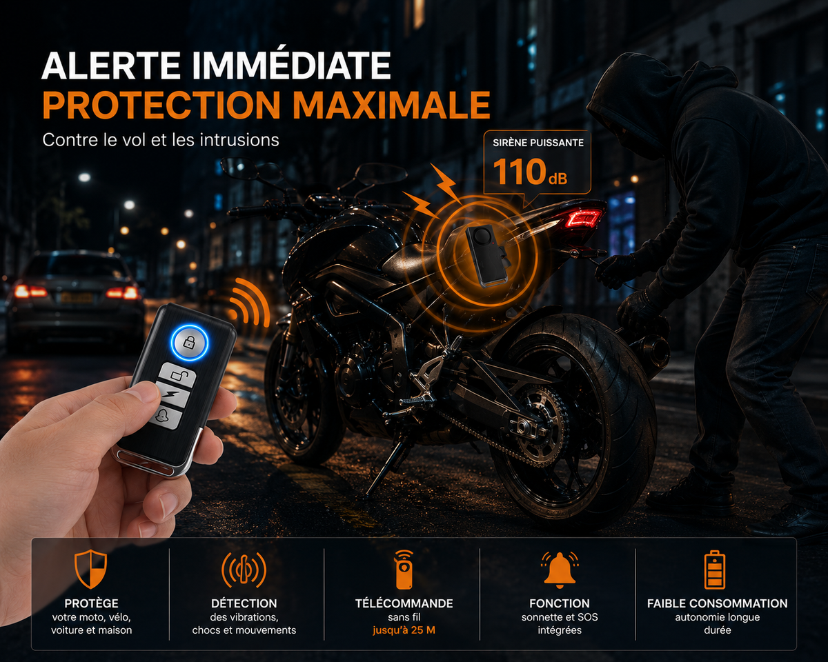 Alarme antivol vibration 110 dB avec télécommande installée pour protéger un vélo, une moto ou une porte contre le vol.