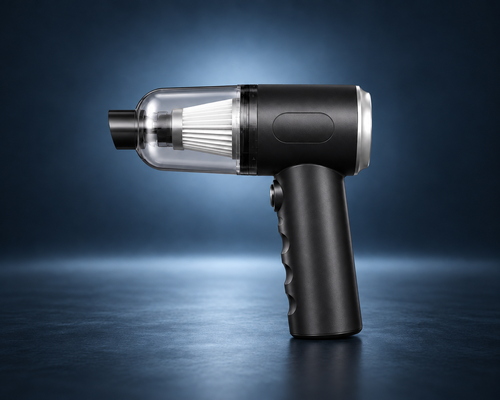 Aspirateur voiture sans fil 2-en-1 haute puissance noir présenté sur fond studio bleu nuit premium.