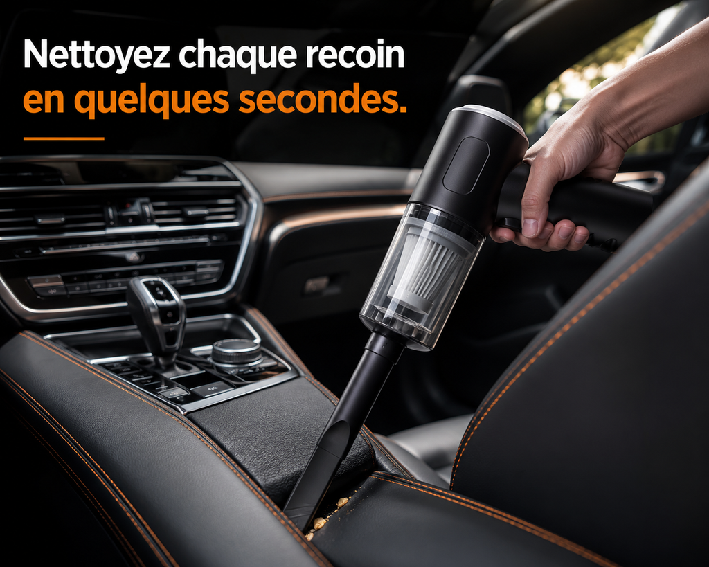 Aspirateur voiture sans fil rechargeable USB-C utilisé pour nettoyer efficacement les sièges et les recoins d'un habitacle automobile.