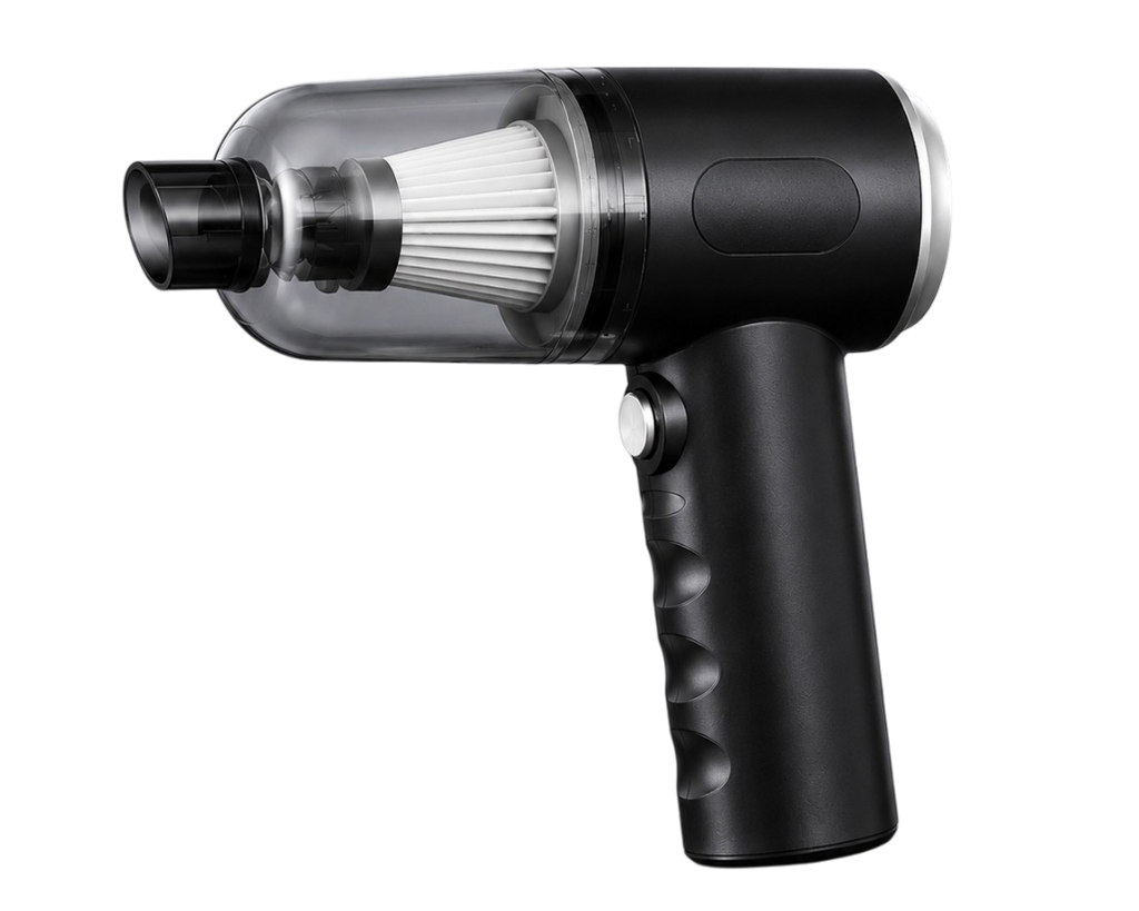 Aspirateur voiture sans fil rechargeable USB-C utilisé pour nettoyer efficacement les sièges et les recoins d'un habitacle automobile.