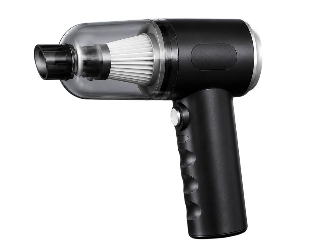 Aspirateur voiture sans fil rechargeable USB-C utilisé pour nettoyer efficacement les sièges et les recoins d'un habitacle automobile.