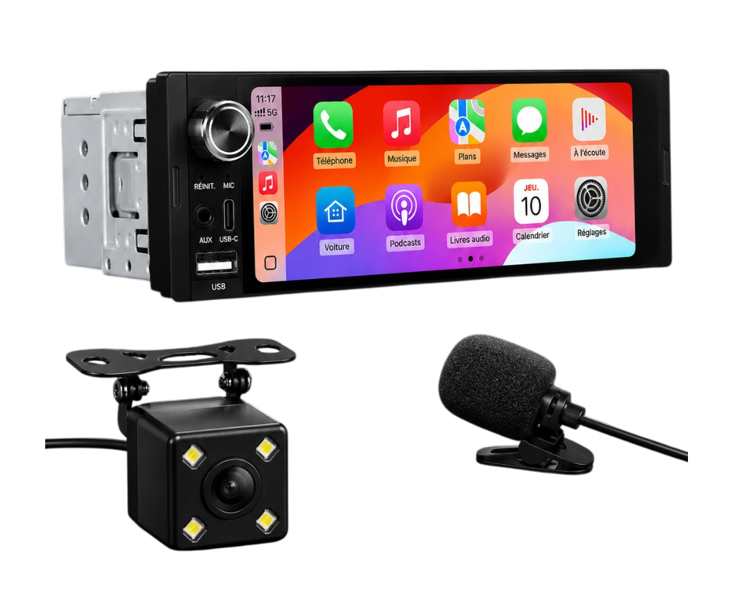 Autoradio 1 DIN avec écran tactile HD 6,36 pouces compatible CarPlay et Android Auto sans fil vu de face.