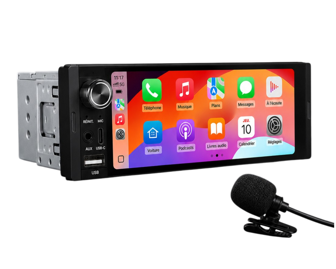 Autoradio 1 DIN avec écran tactile HD 6,36 pouces compatible CarPlay et Android Auto sans fil vu de face.