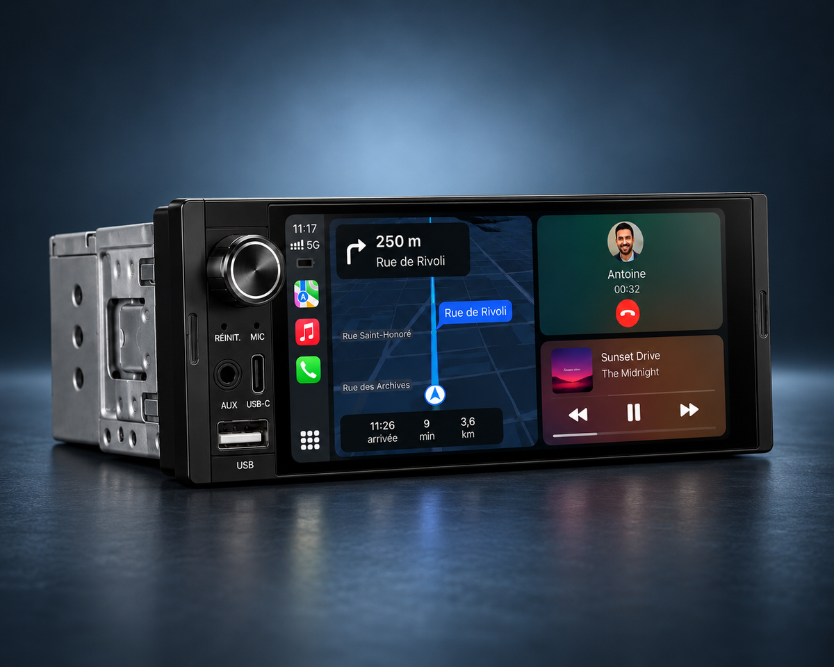 Autoradio CarPlay Android Auto sans fil avec écran tactile HD.