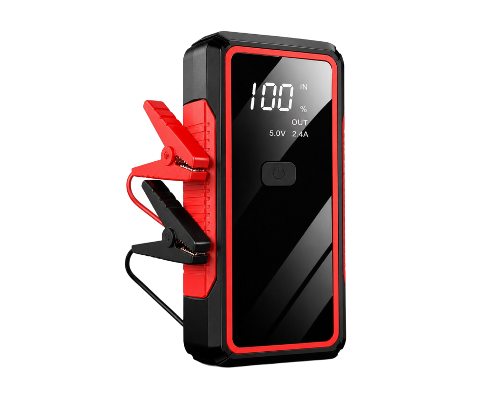 Booster de batterie 12V 2000A portable avec écran numérique et pinces pour démarrage de voiture.