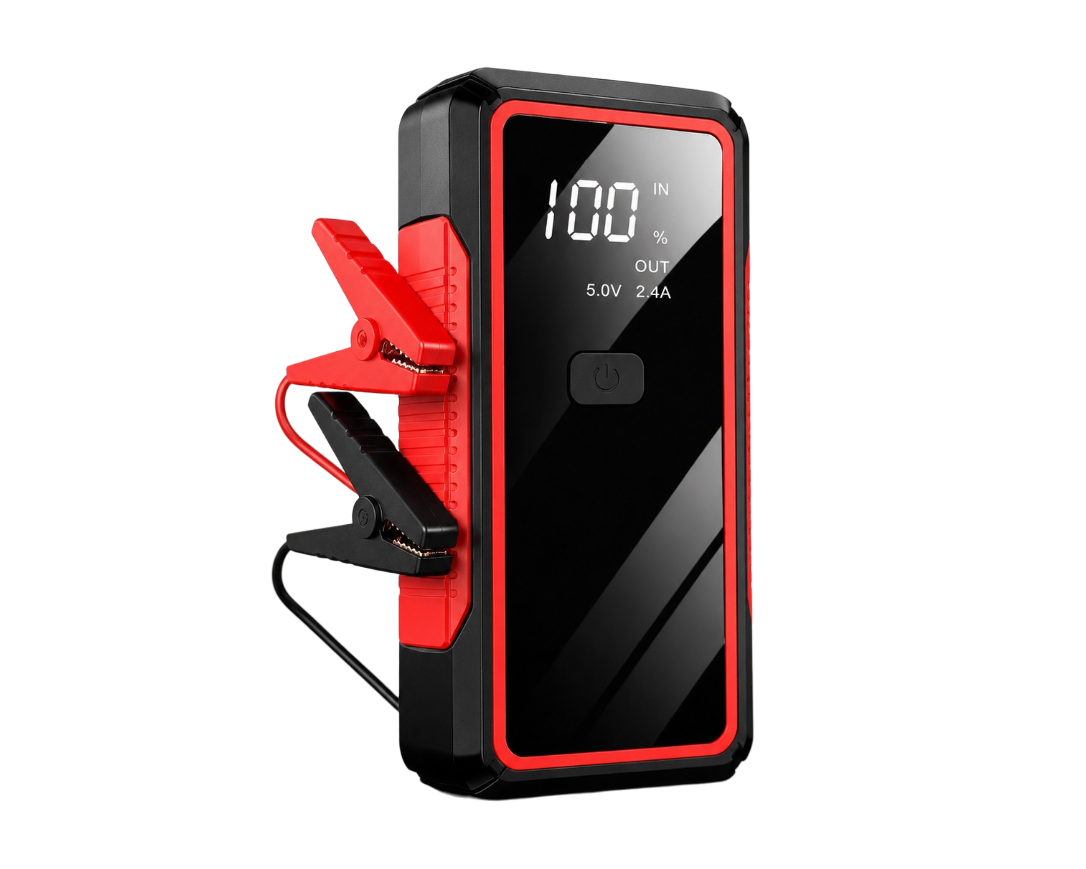 Booster de batterie 12V 2000A portable avec écran numérique et pinces pour démarrage de voiture.