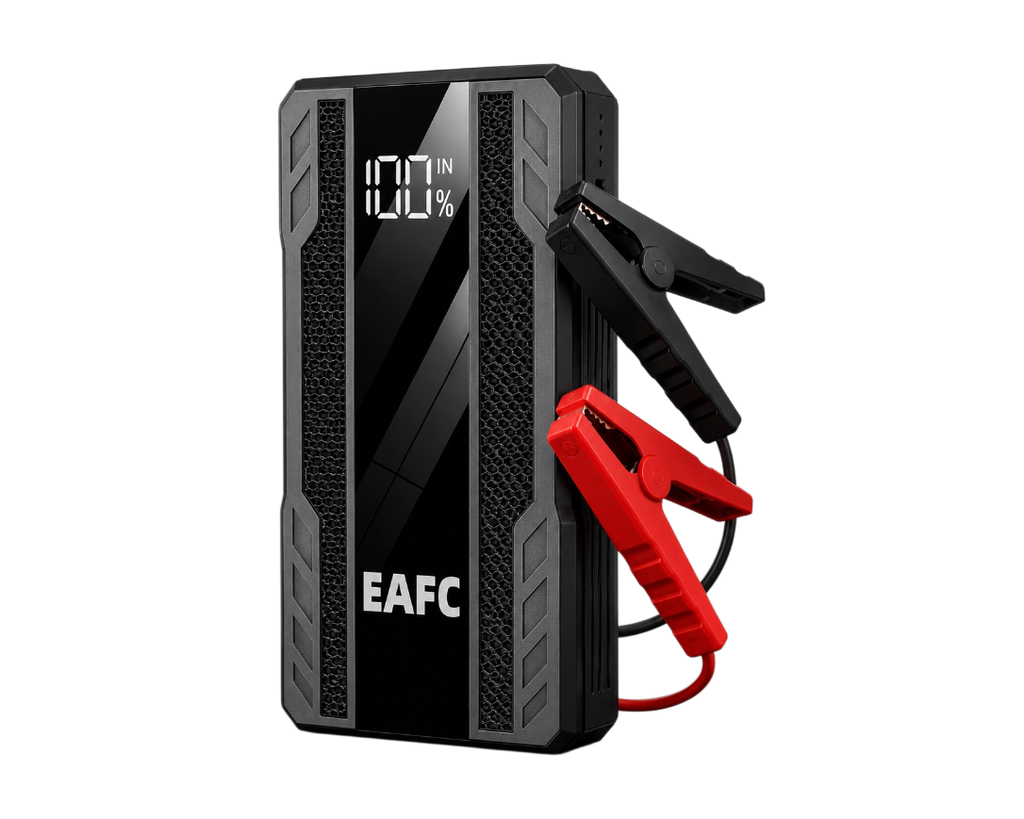 Booster de batterie 12V 2000A portable avec écran numérique et pinces pour démarrage de voiture.