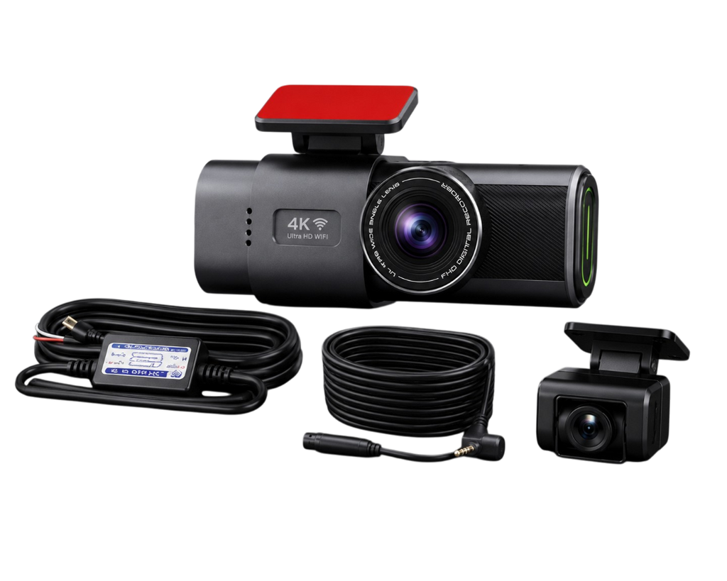 Installation de la caméra arrière d'une dashcam 4K sur un véhicule avec câble de connexion et position de montage.