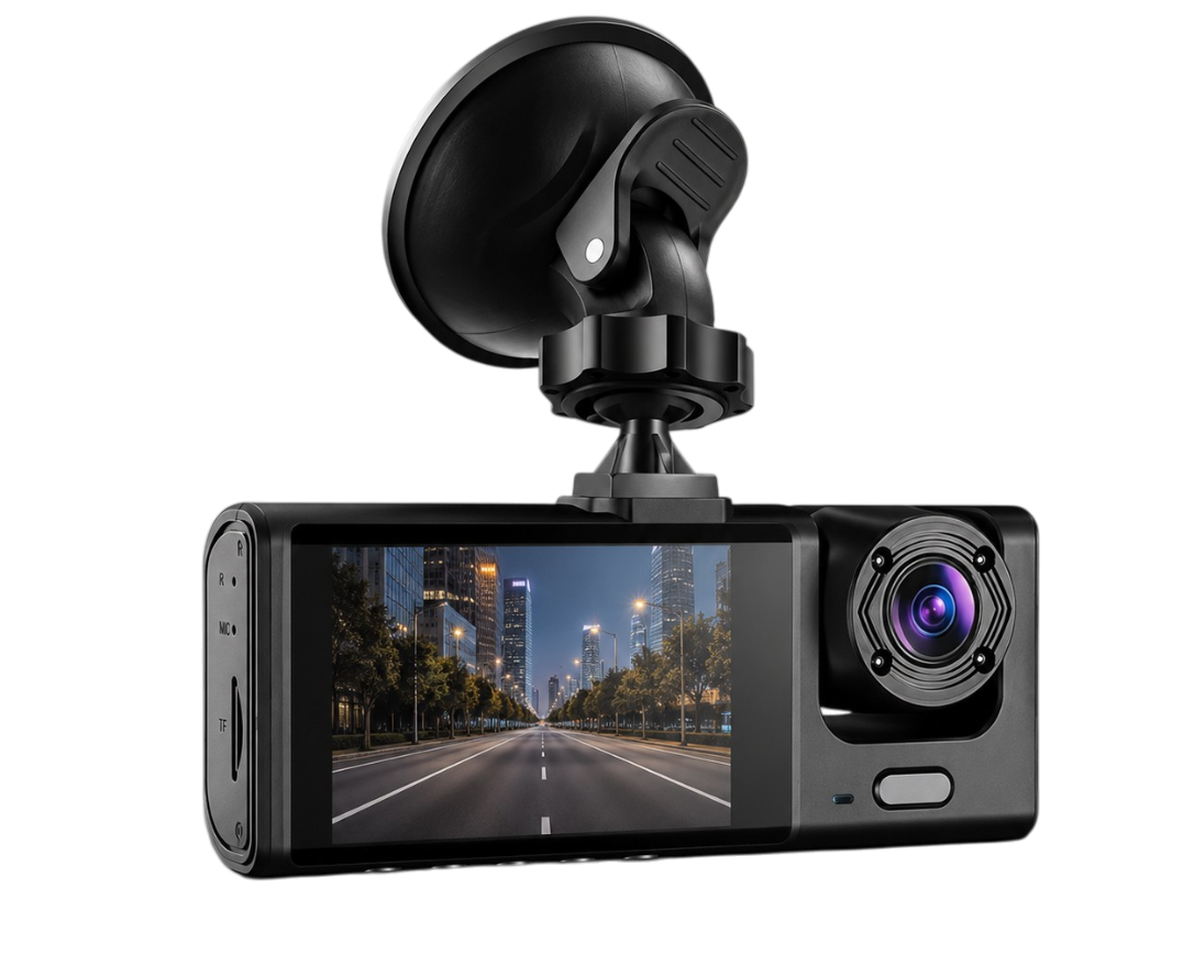 Vue arrière d'une dashcam triple caméra 1080P montrant les connectiques, les boutons et la fixation ventouse.