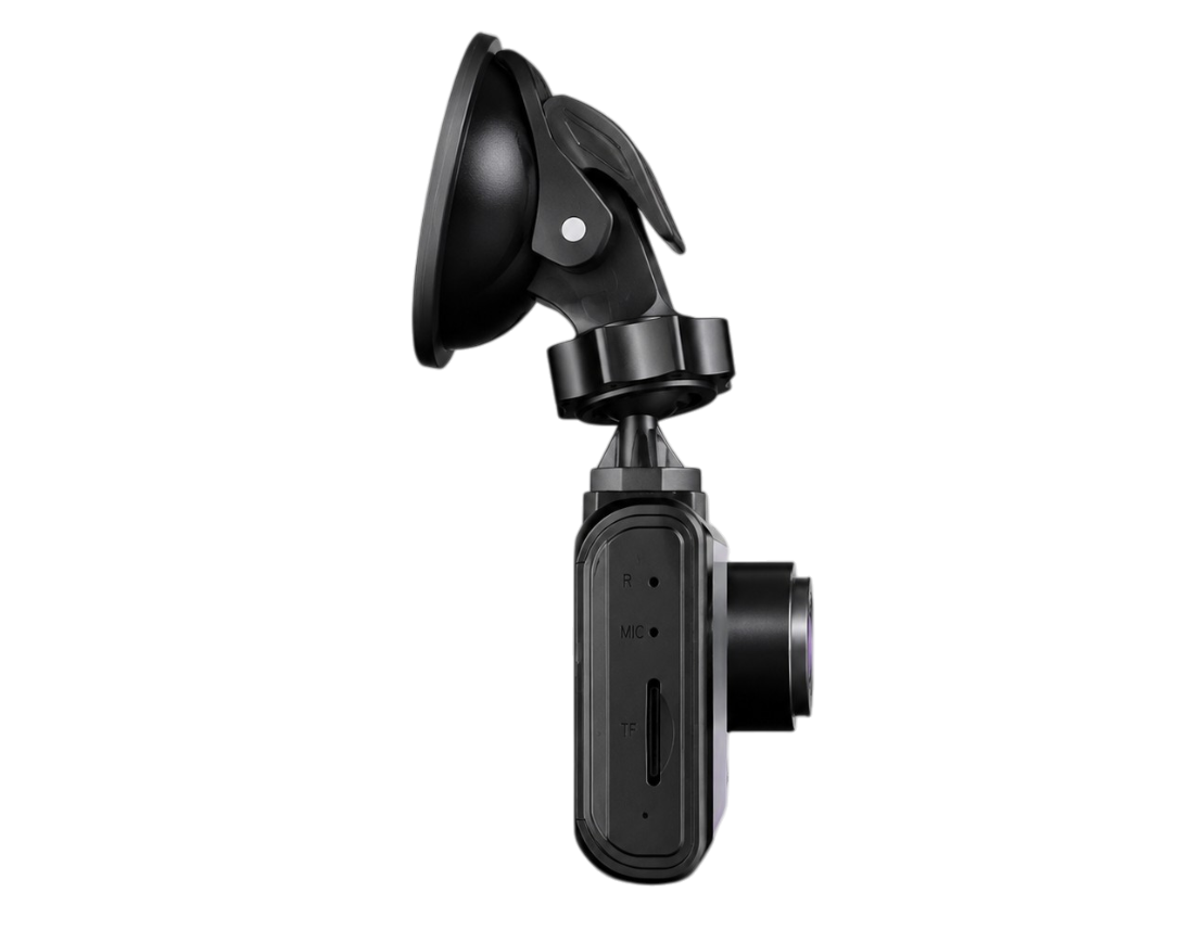 Vue arrière d'une dashcam triple caméra 1080P montrant les connectiques, les boutons et la fixation ventouse.
