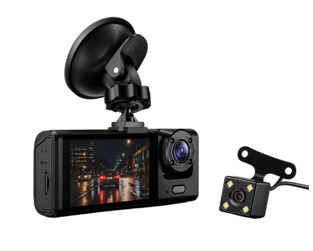 Vue arrière d'une dashcam triple caméra 1080P montrant les connectiques, les boutons et la fixation ventouse.