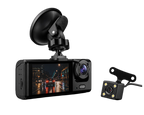 Vue arrière d'une dashcam triple caméra 1080P montrant les connectiques, les boutons et la fixation ventouse.
