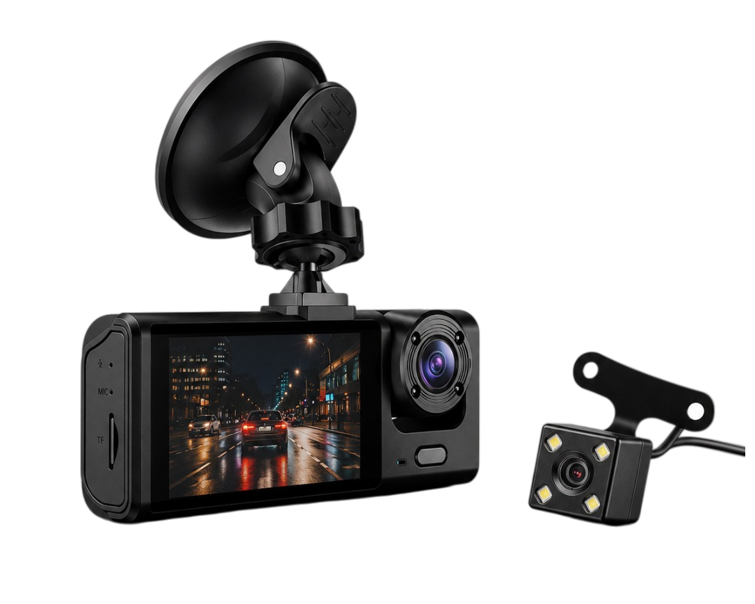 Vue arrière d'une dashcam triple caméra 1080P montrant les connectiques, les boutons et la fixation ventouse.