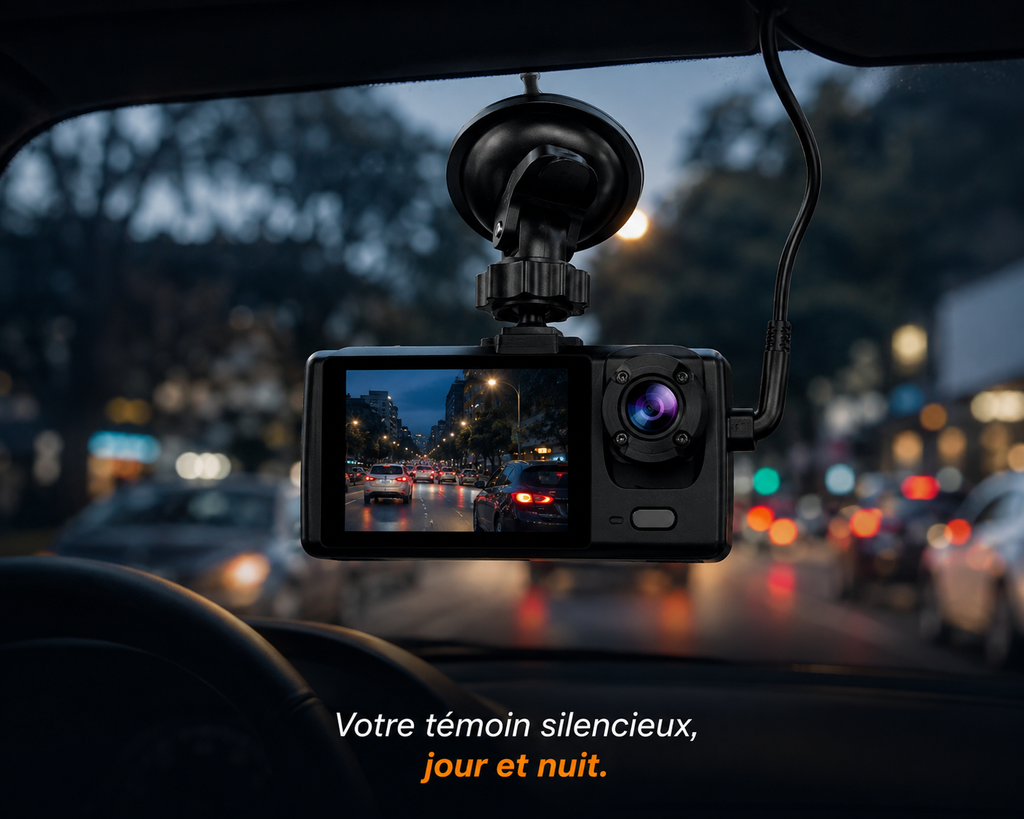 Dashcam triple caméra Full HD 1080P avec vision nocturne, enregistrement en boucle, G-Sensor et caméra de recul pour voiture.