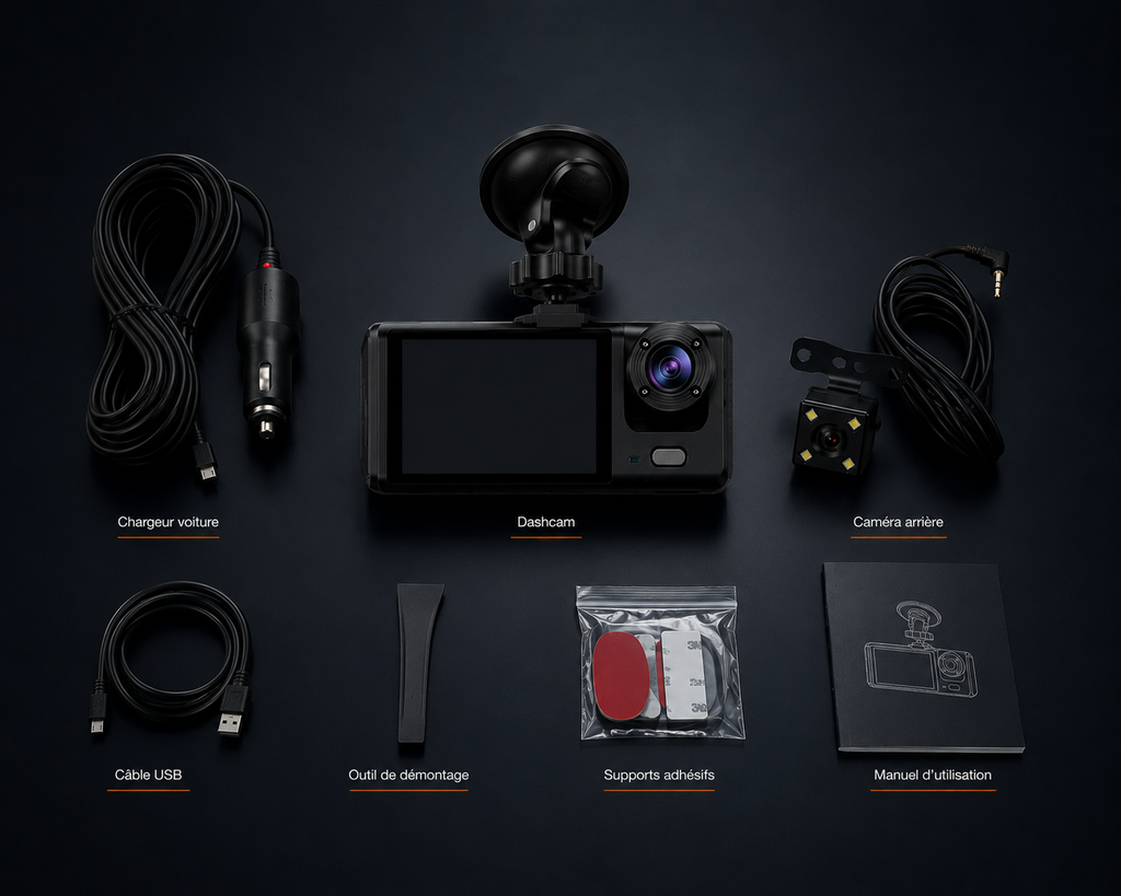 Dashcam triple caméra Full HD 1080P avec vision nocturne, enregistrement en boucle, G-Sensor et caméra de recul pour voiture.