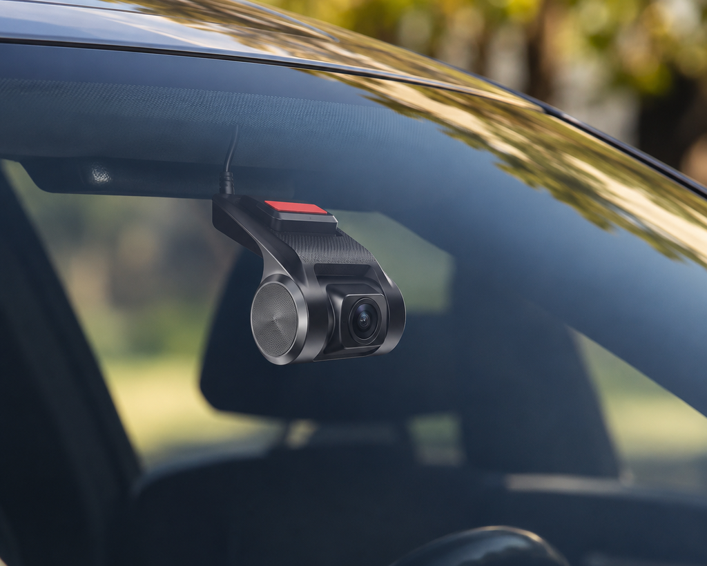 Dashcam USB Android Full HD 1080P photographiée sur fond clair avec objectif grand angle et fixation adhésive.