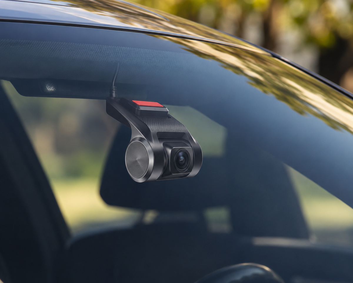 Dashcam USB Android Full HD 1080P photographiée sur fond clair avec objectif grand angle et fixation adhésive.