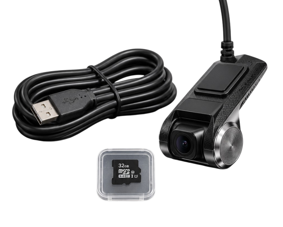 Dashcam USB Android Full HD 1080P photographiée sur fond clair avec objectif grand angle et fixation adhésive.