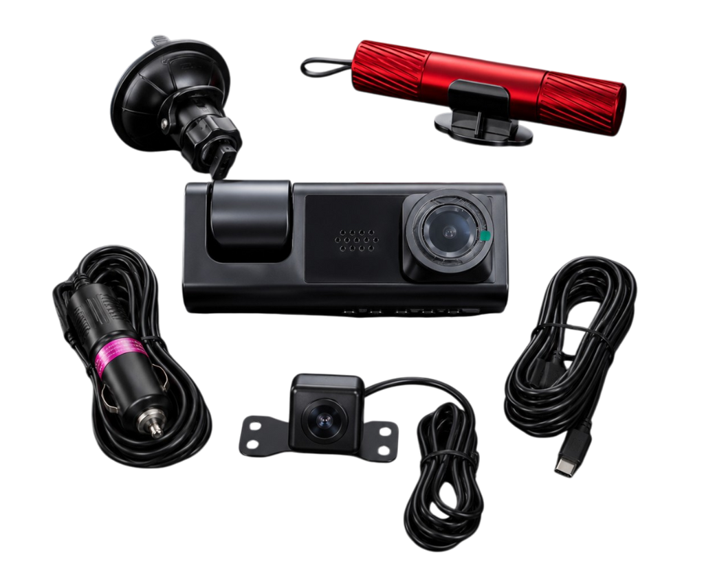 Vue arrière d'une dashcam triple caméra 1080P montrant les connectiques, les boutons et la fixation ventouse.