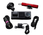 Vue arrière d'une dashcam triple caméra 1080P montrant les connectiques, les boutons et la fixation ventouse.