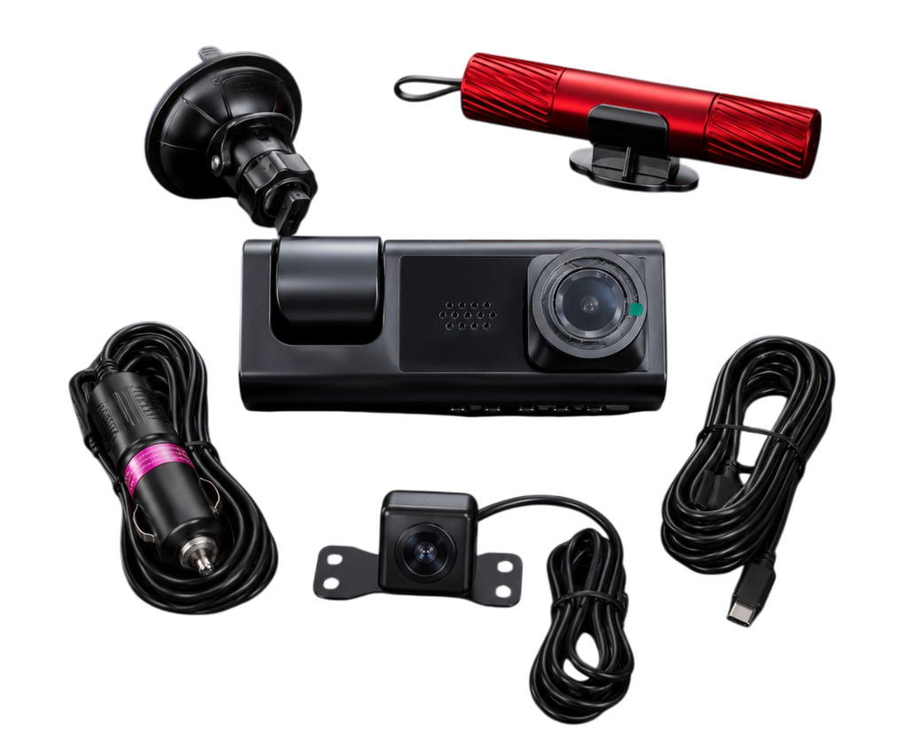 Vue arrière d'une dashcam triple caméra 1080P montrant les connectiques, les boutons et la fixation ventouse.