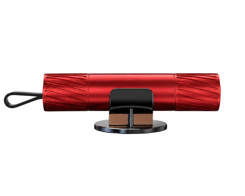 Marteau brise-vitre voiture 2-en-1 avec coupe-ceinture intégré et support de fixation pour les situations d'urgence automobile.