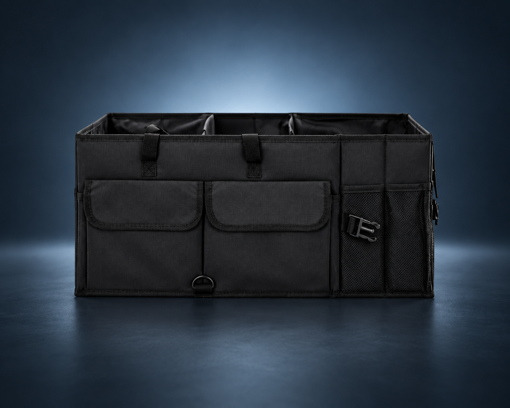 Organisateur de coffre 140 L avec glacière intégrée, noir, présenté sur fond studio bleu nuit premium.