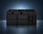 Organisateur de coffre 140 L avec glacière intégrée, noir, présenté sur fond studio bleu nuit premium.
