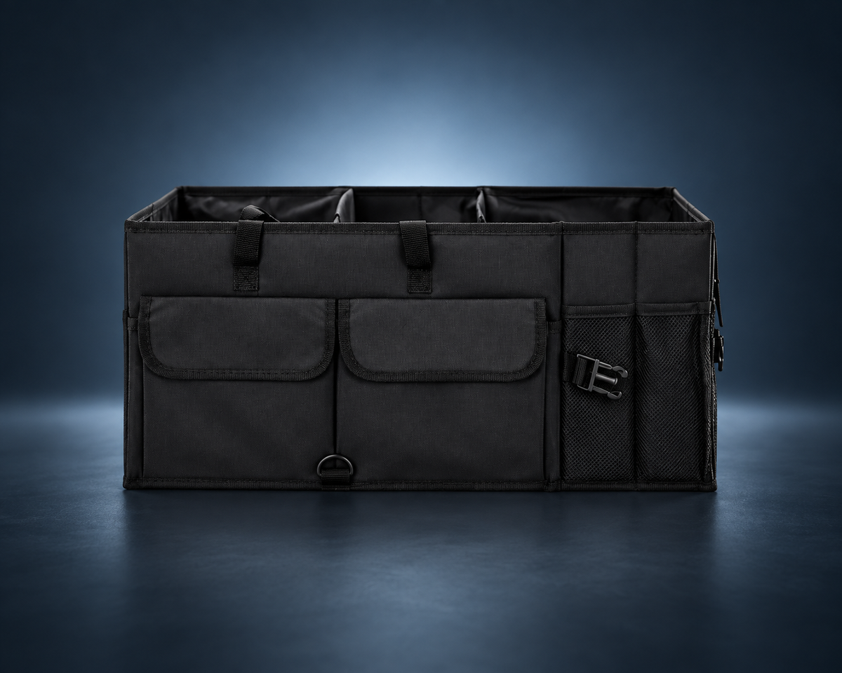 Organisateur de coffre 140 L avec glacière intégrée, noir, présenté sur fond studio bleu nuit premium.