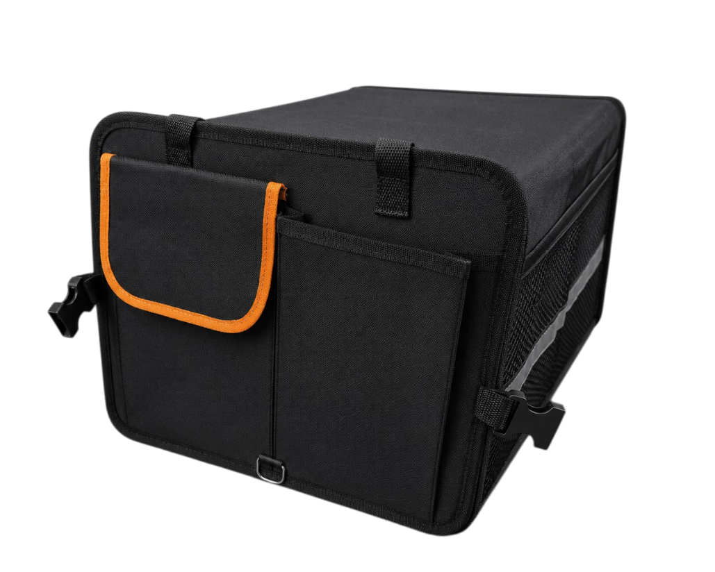 Organisateur de coffre voiture 140L pliable avec compartiments réglables, glacière intégrée et sangles de fixation dans un coffre de voiture.