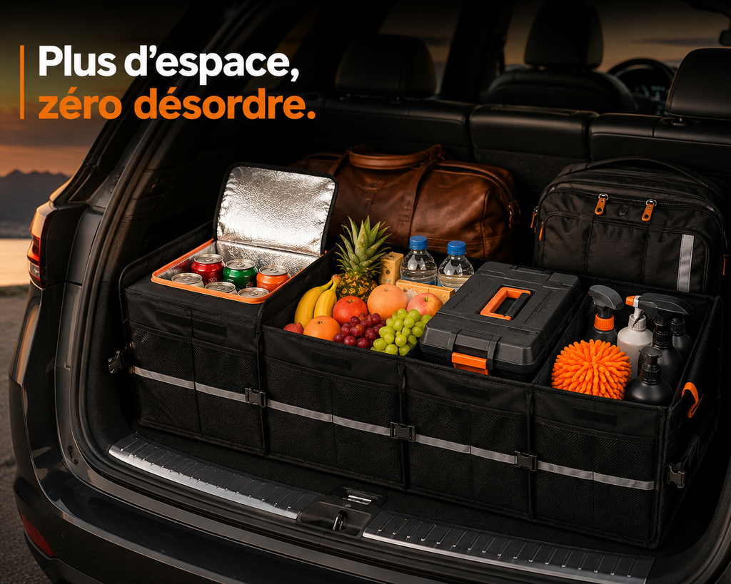 Organisateur de coffre voiture 140L pliable avec compartiments réglables, glacière intégrée et sangles de fixation dans un coffre de voiture.