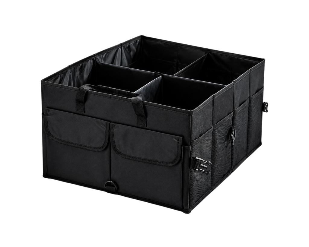 Organisateur de coffre voiture grande capacité avec trois compartiments et nombreuses poches latérales.