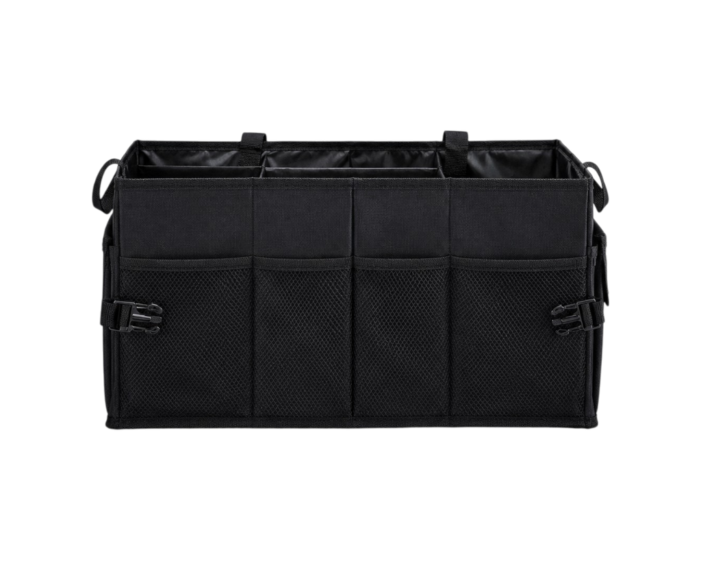 Organisateur de coffre voiture grande capacité avec trois compartiments et nombreuses poches latérales.