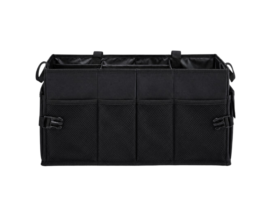 Organisateur de coffre voiture grande capacité avec trois compartiments et nombreuses poches latérales.