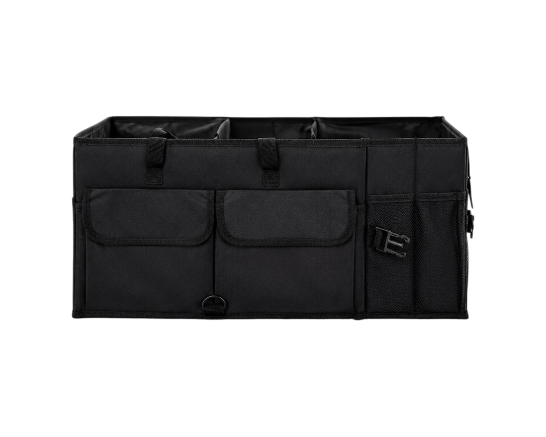 Organisateur de coffre voiture grande capacité avec trois compartiments et nombreuses poches latérales.