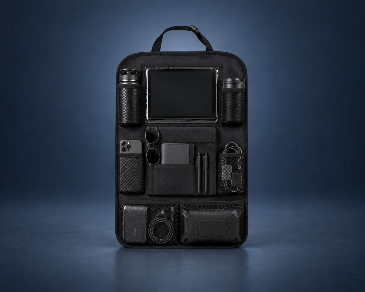 Organisateur de siège auto avec support tablette et poches multiples.