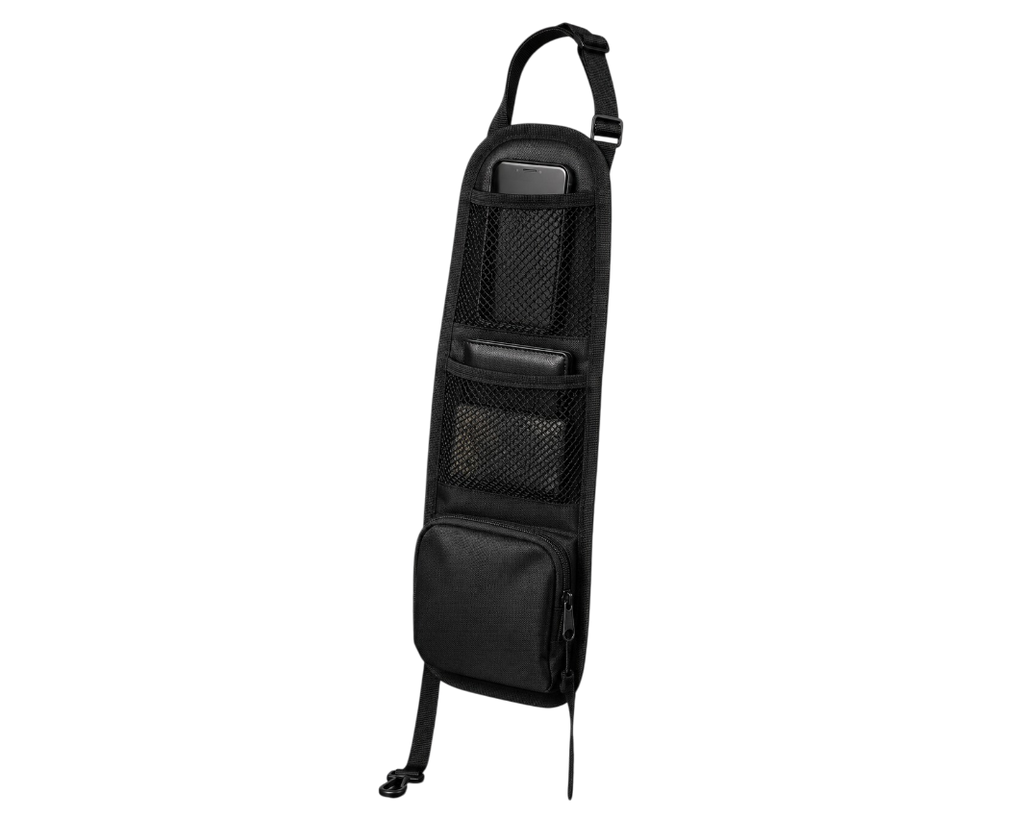 Organisateur de siège voiture avec support tablette installé sur le coté d'un siège avant 