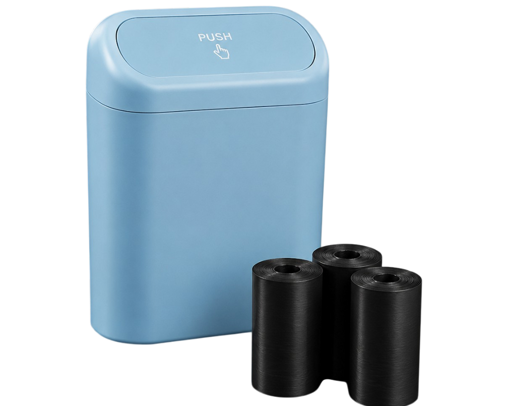 Poubelle de voiture bleu avec couvercle à ouverture push et trois rouleaux de sacs poubelle